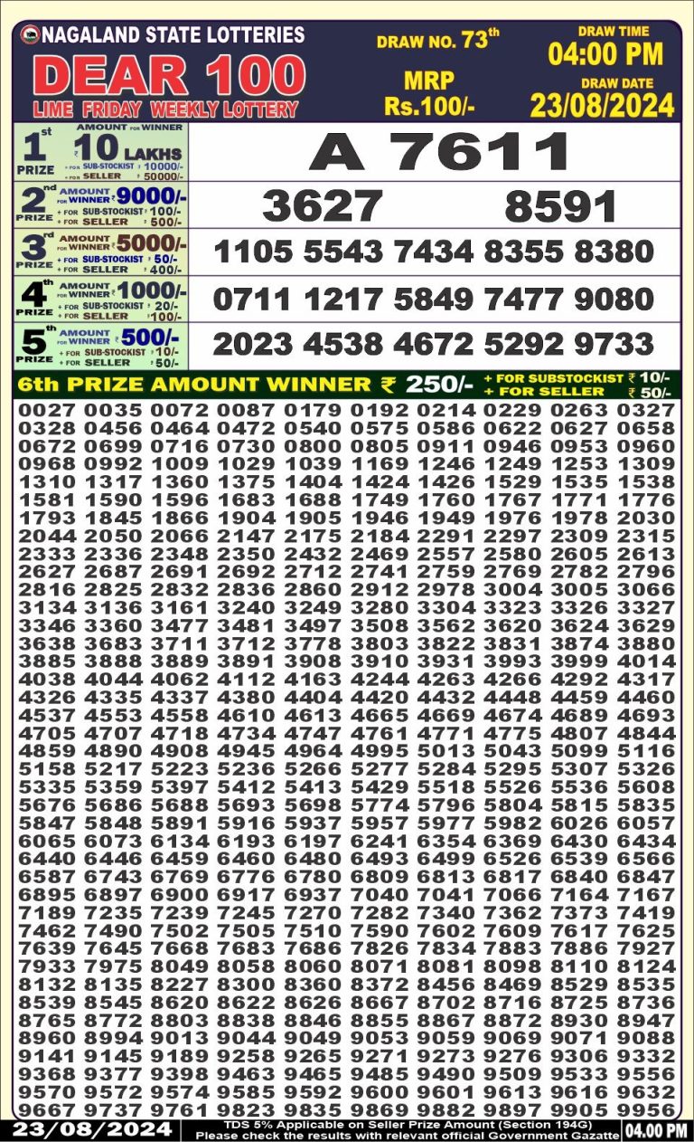 dear 100 weekly lottery result 4pm