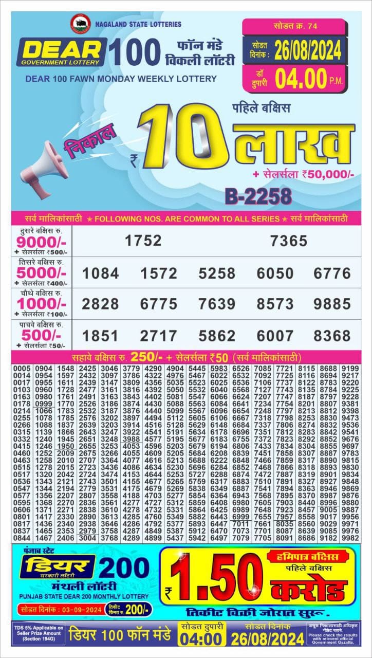 dear 100 weekly lottery result 4pm