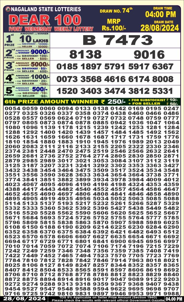 dear 100 weekly lottery result 4pm