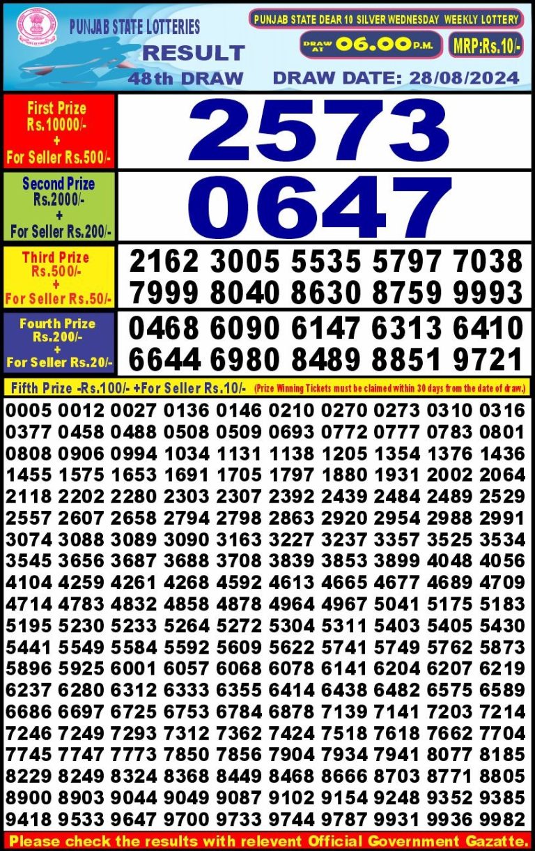 punjab state dear 10 weekly lottery result 6pm