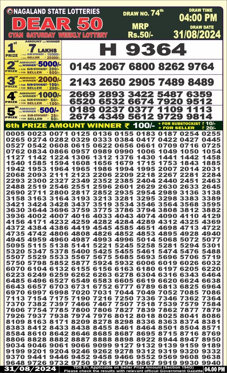 Dear 50 weekly lottery result 4pm