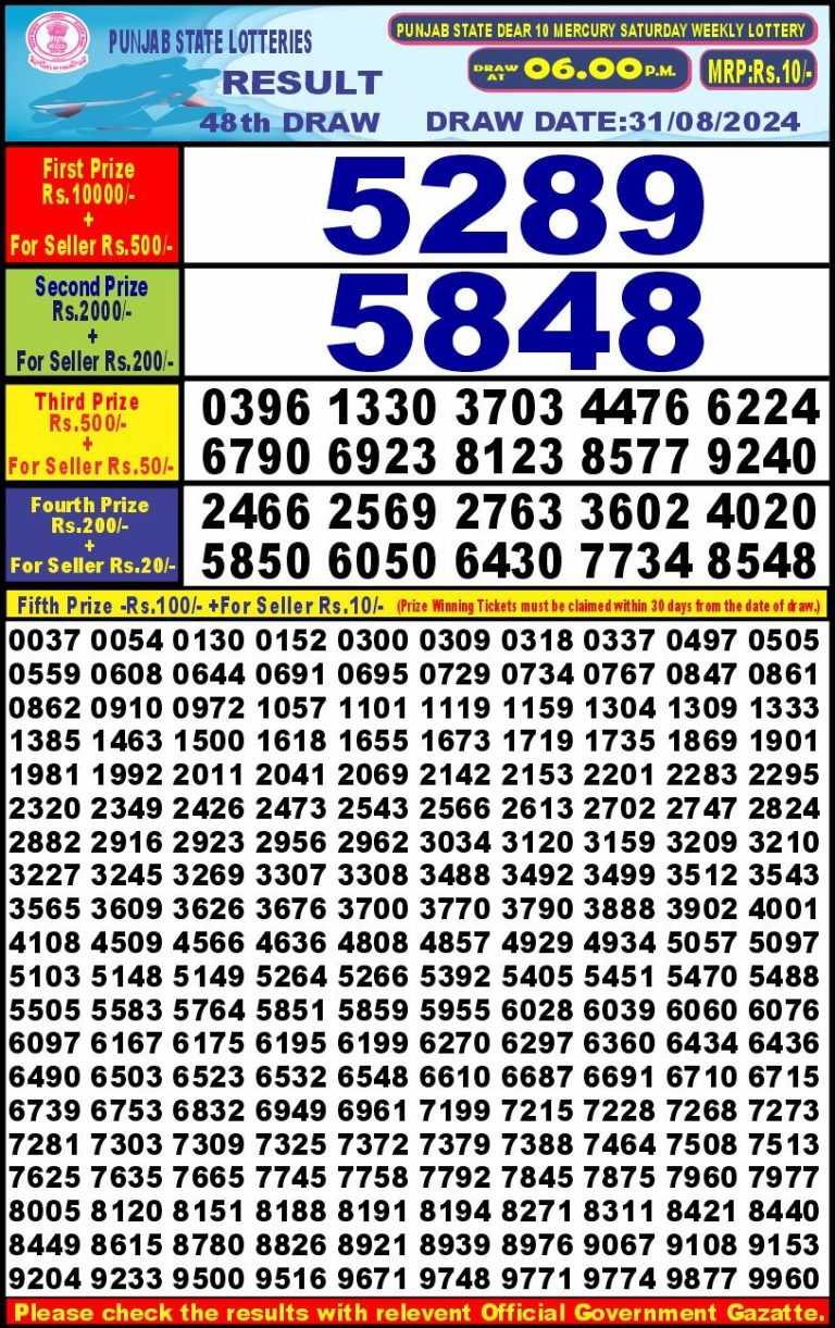 punjab state dear 10 weekly lottery result 6pm