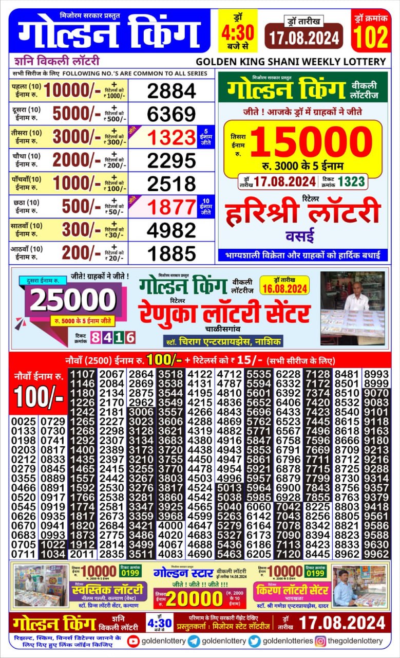 golden king weekly lottery result 4:30pm