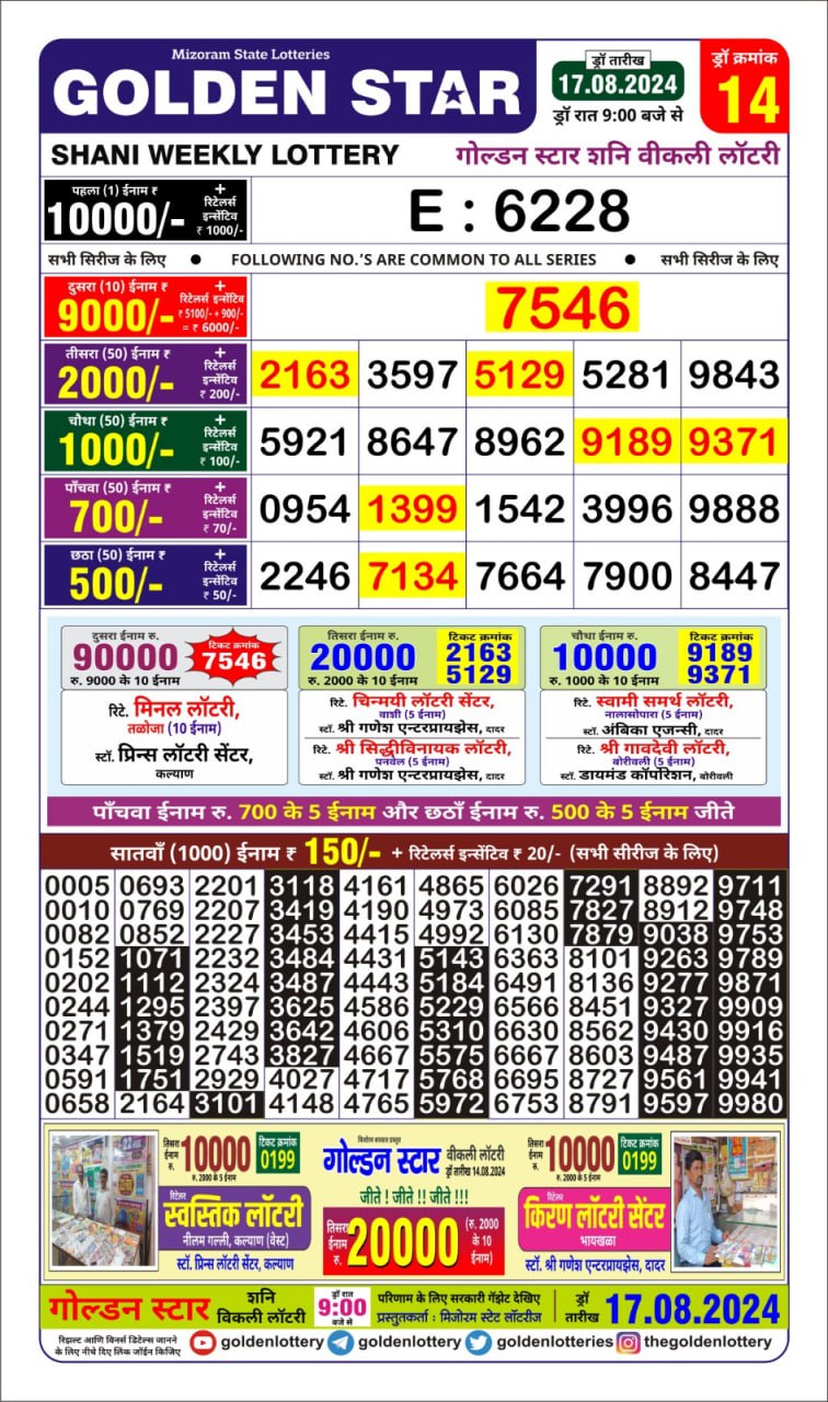 golden star weekly lottery result 9pm