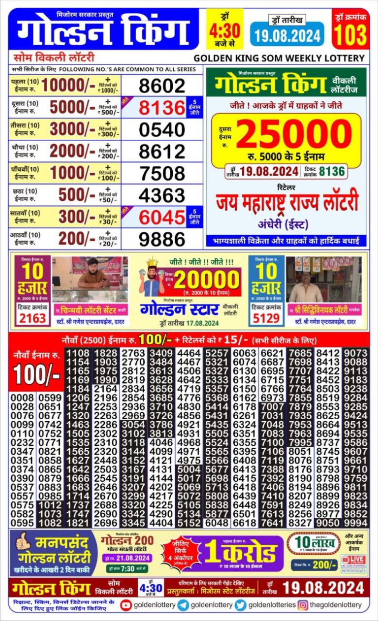 golden king weekly lottery result 4:30pm