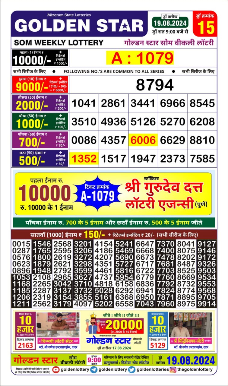 golden Star weekly lottery result 9pm