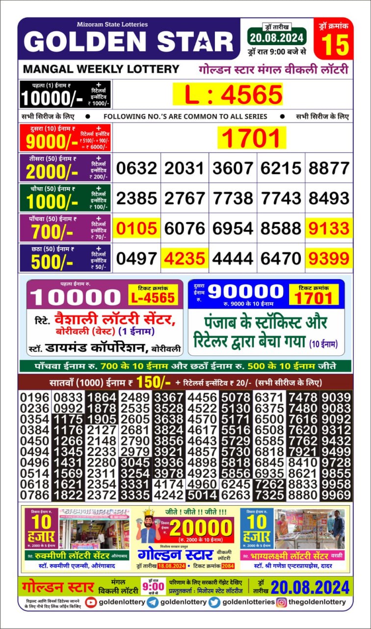 golden Star weekly lottery result 9pm