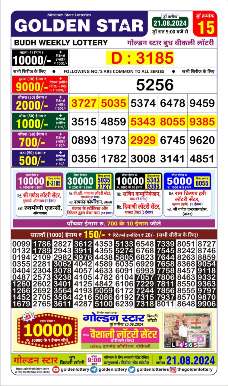 golden star weekly lottery result 9pm