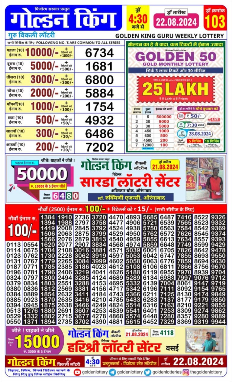 golden king weekly lottery result 4:30pm