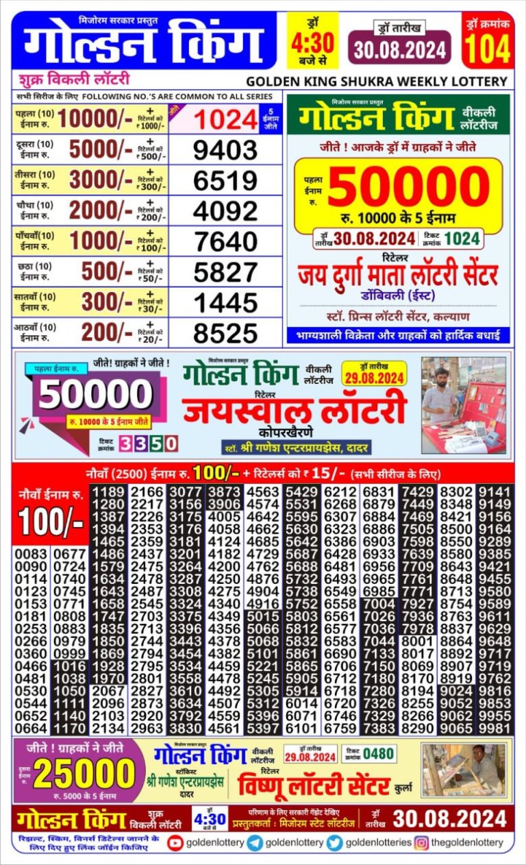 golden king weekly lottery result 4:30pm