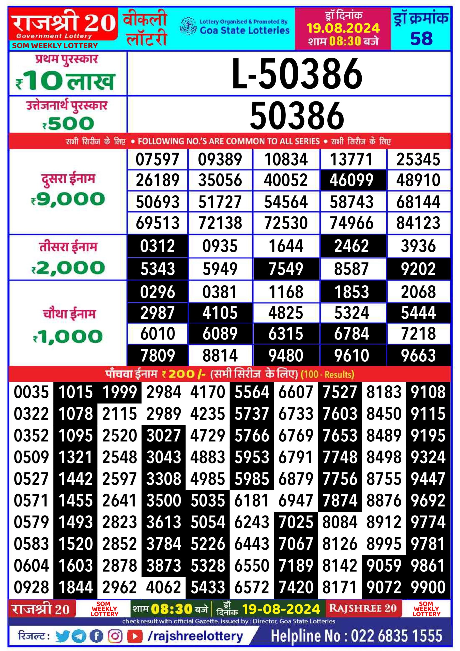 rajshree 20 lottery result 8:30pm