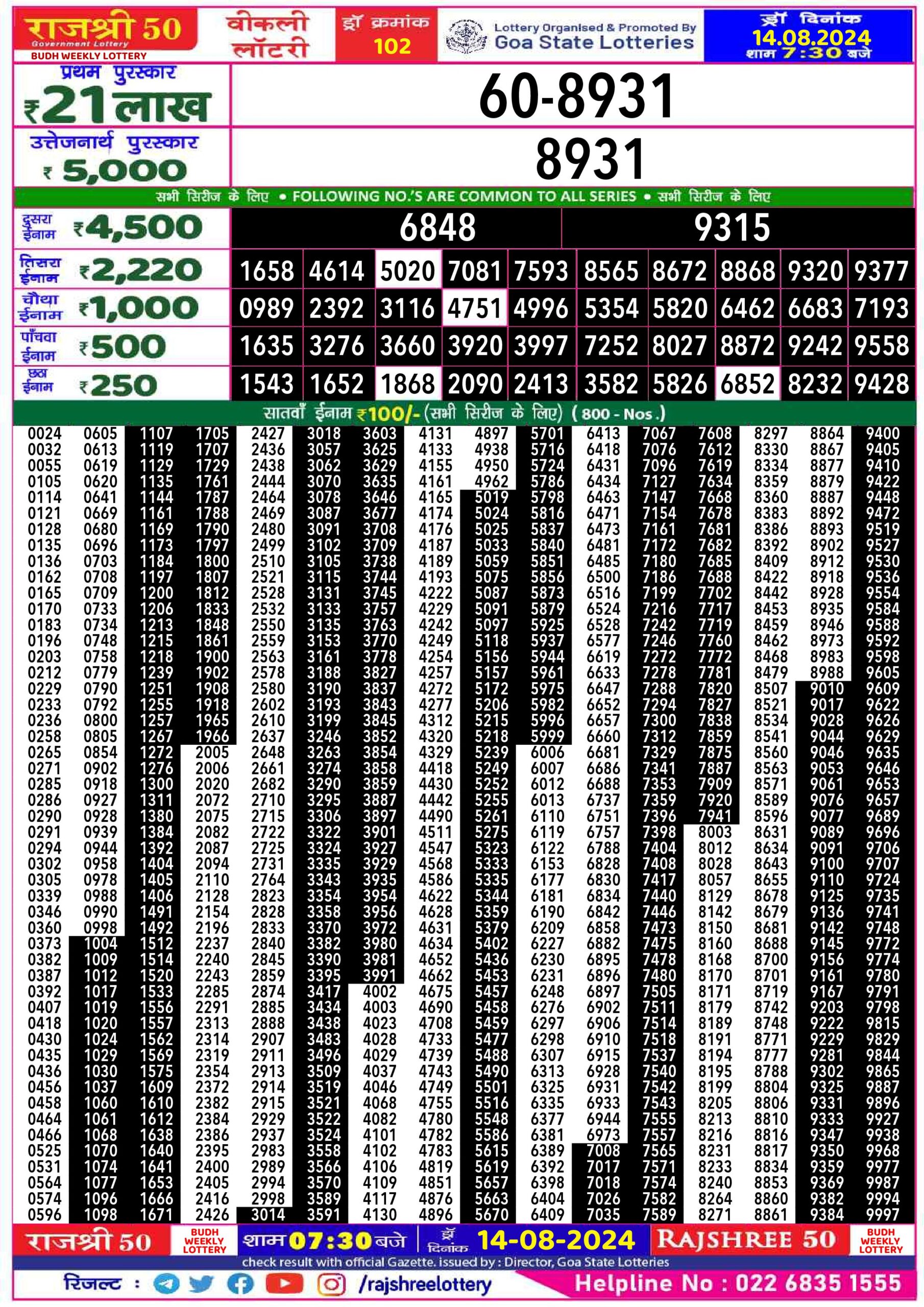 rajshree 50 lottery result 7:30pm