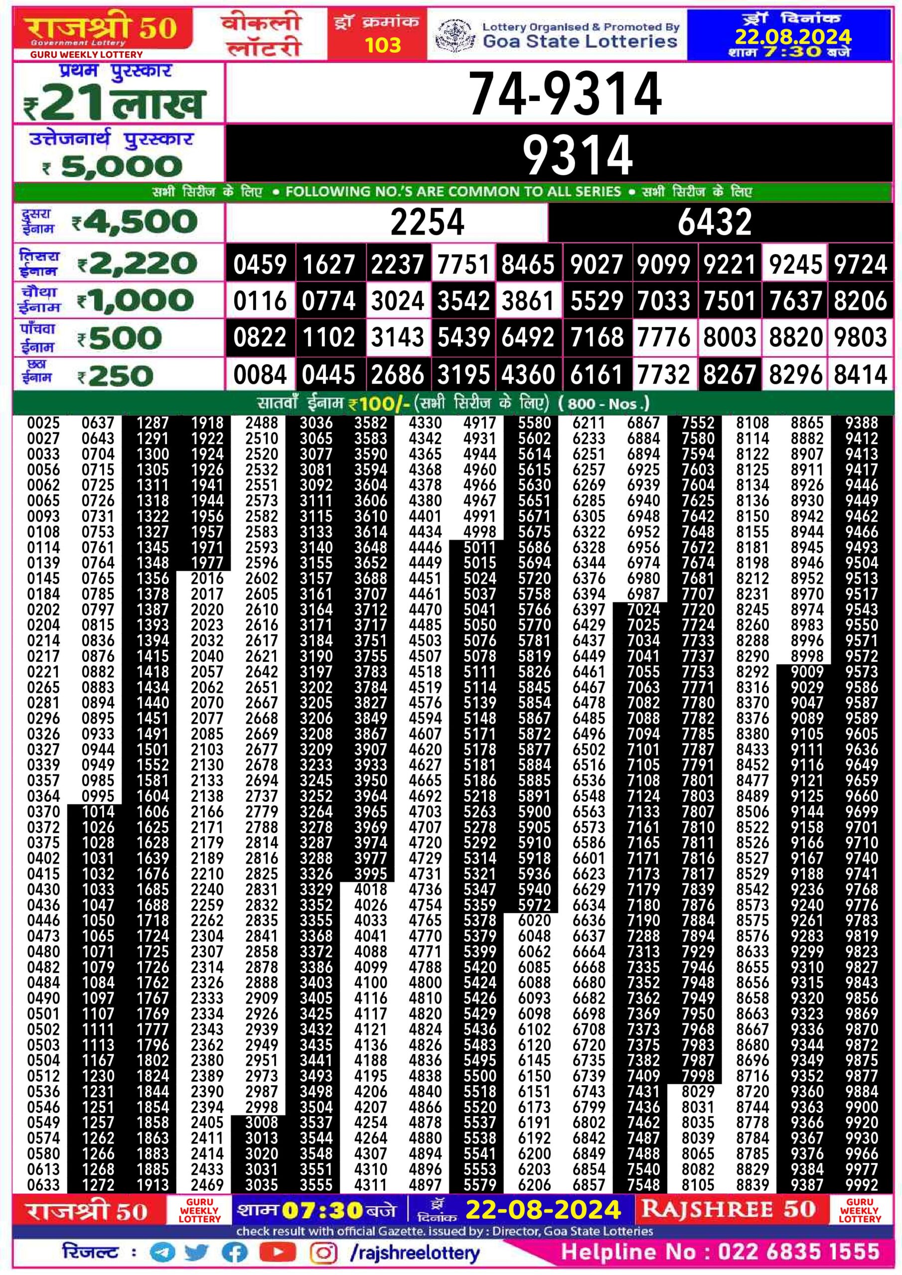 rajshree 50 lottery result 7:30pm