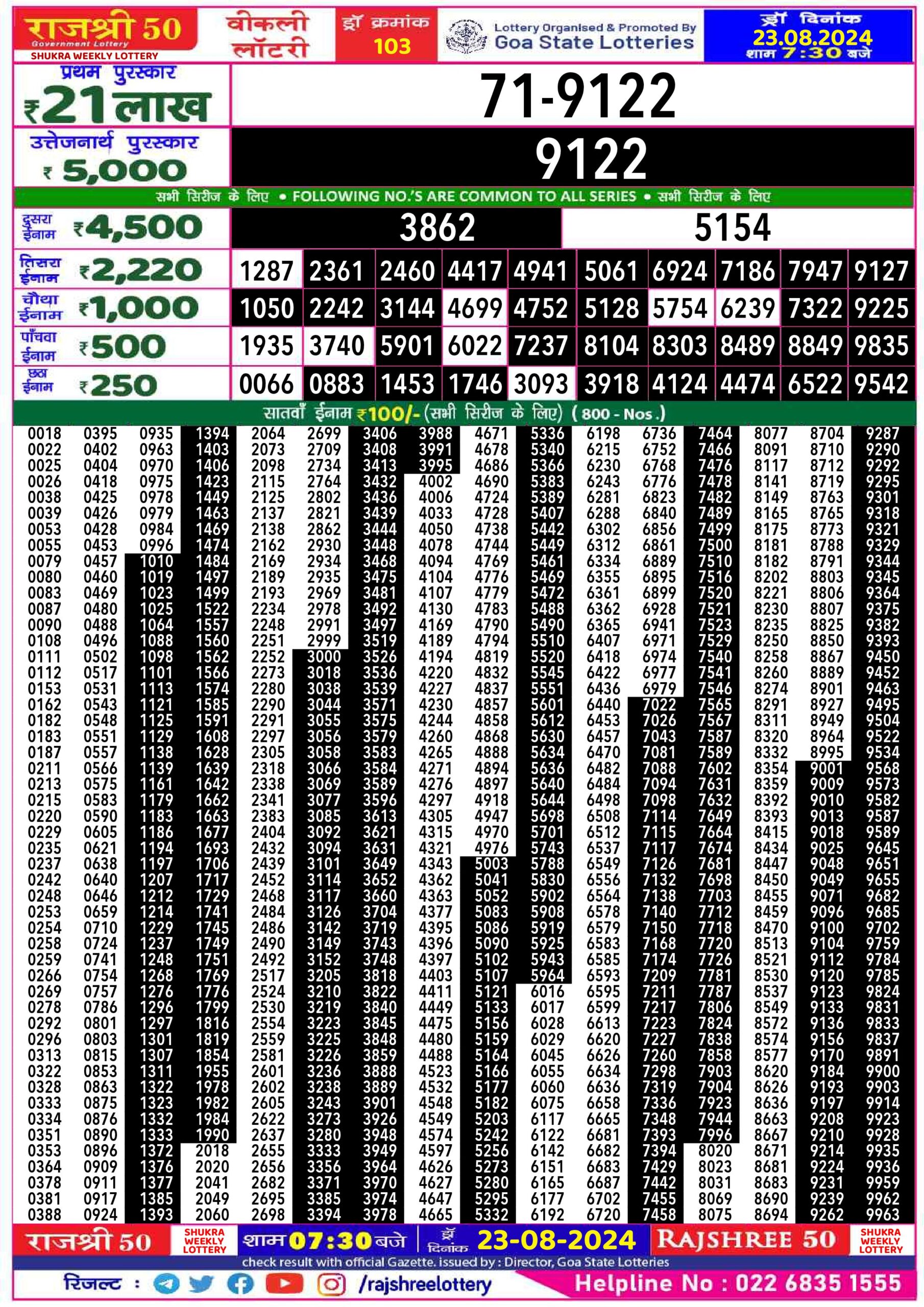 rajshree 50 lottery result 7:30pm