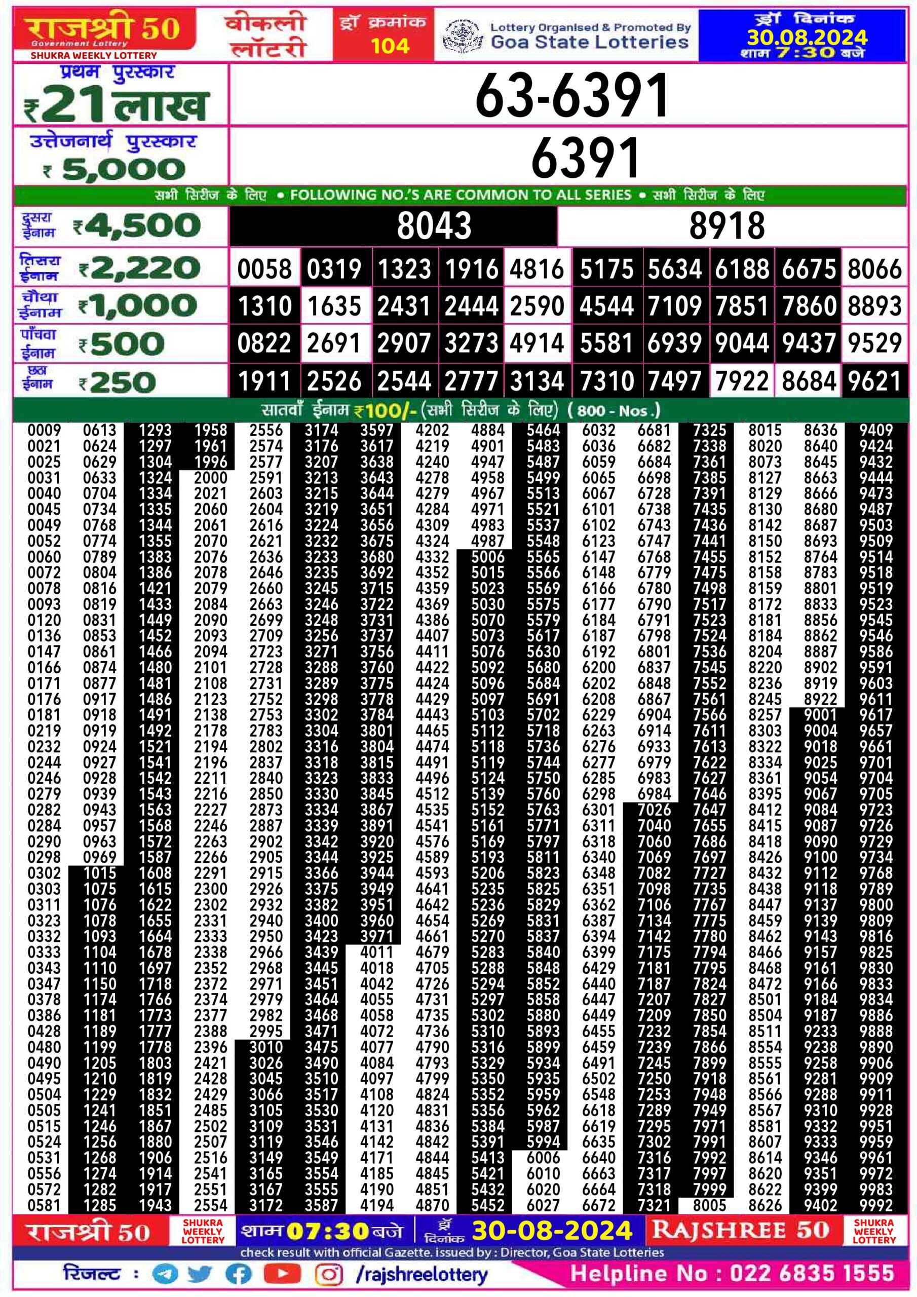 rajshree 50 lottery result 7:30pm