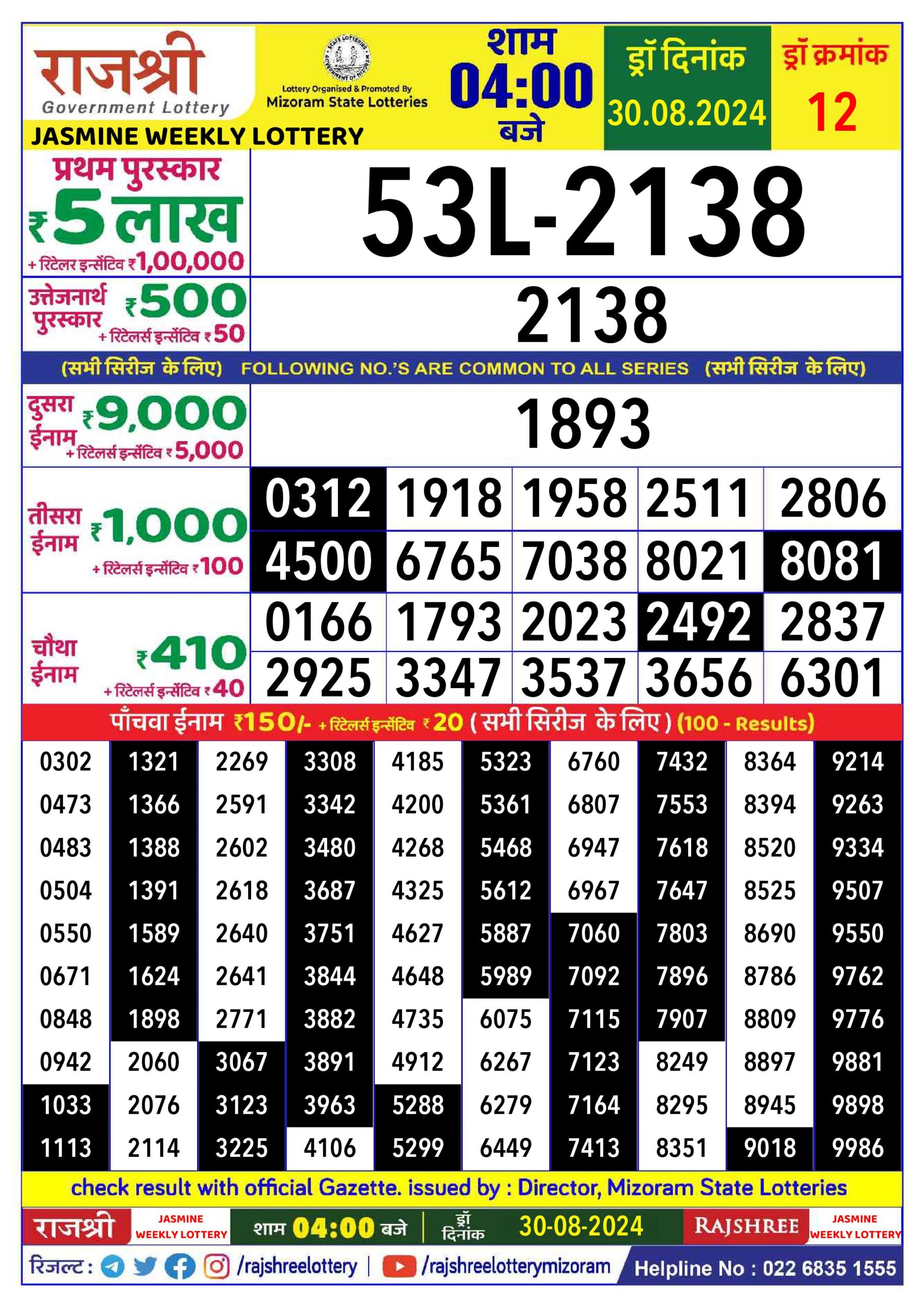 rajshree lottery result 4pm