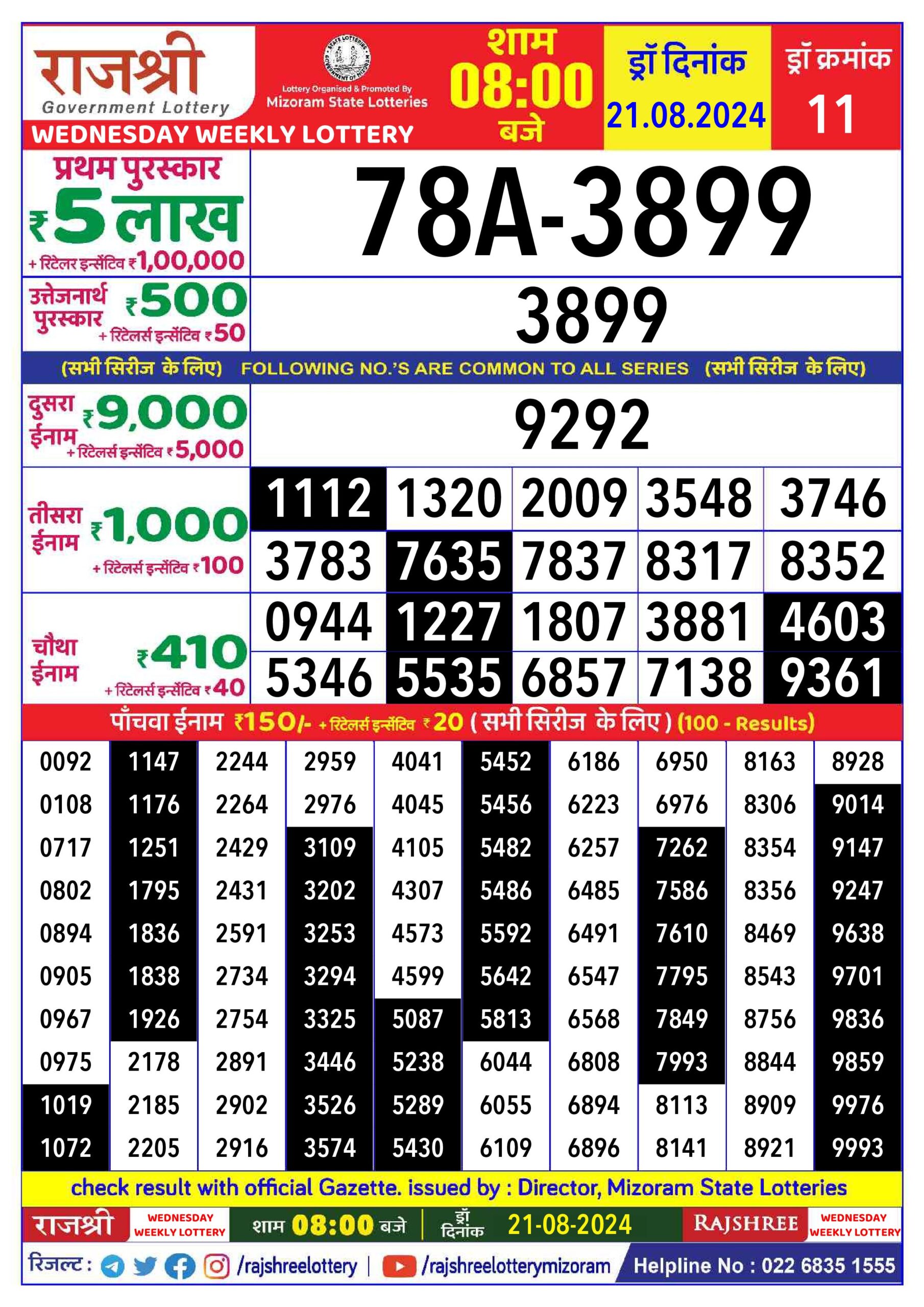 rajshree lottery result 8pm