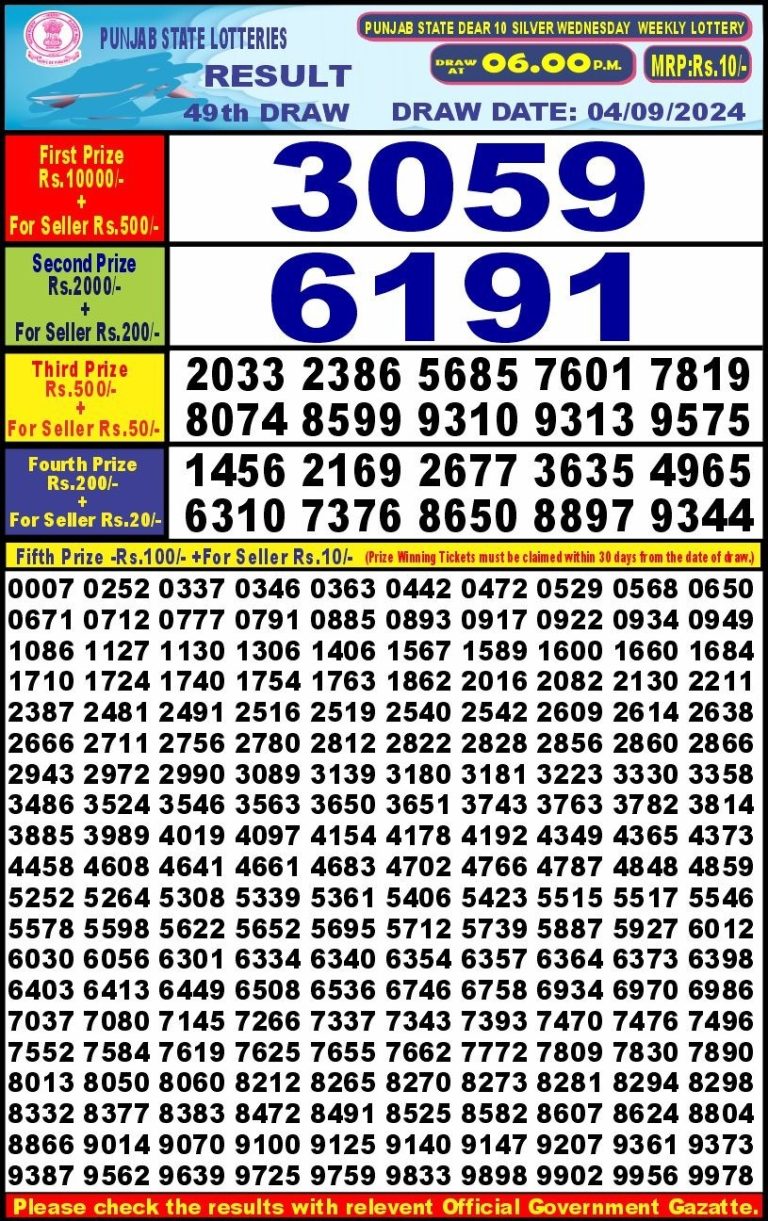 punjab state dear 10 weekly lottery result 6pm