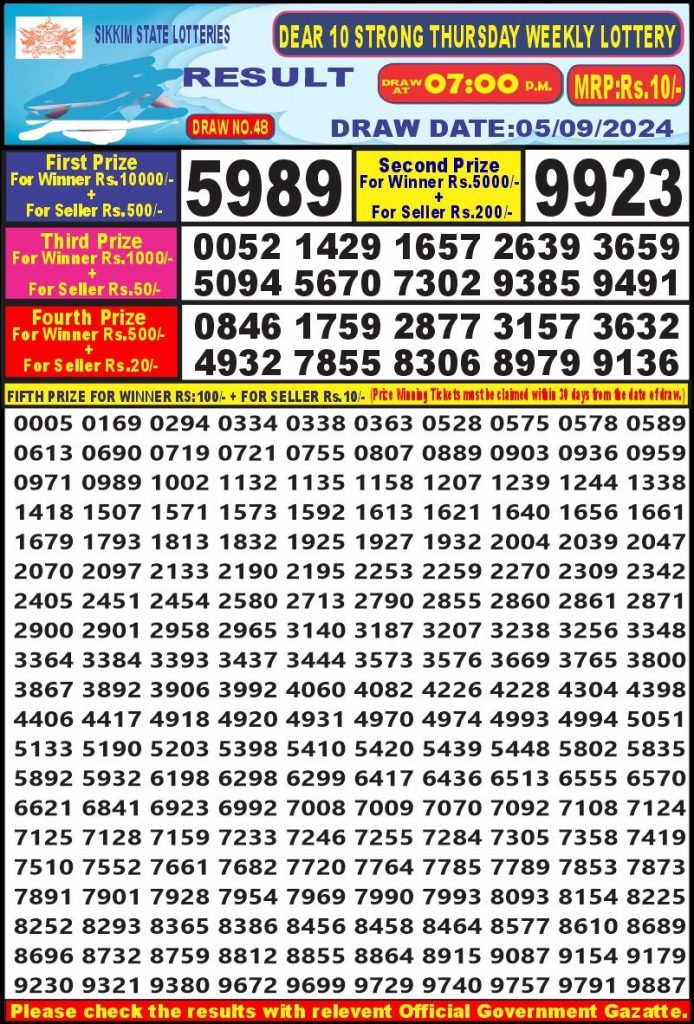 dear 10 weekly lottery result 7pm