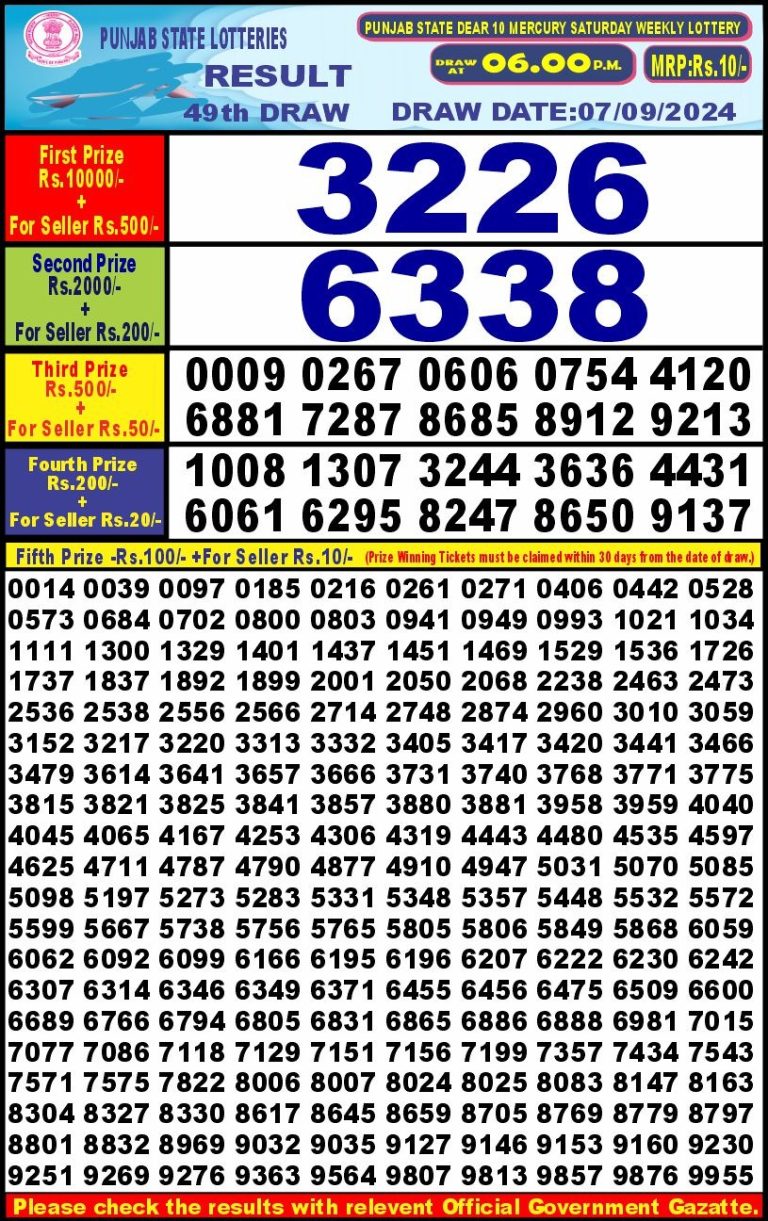 punjab state dear 10 weekly lottery result 6pm