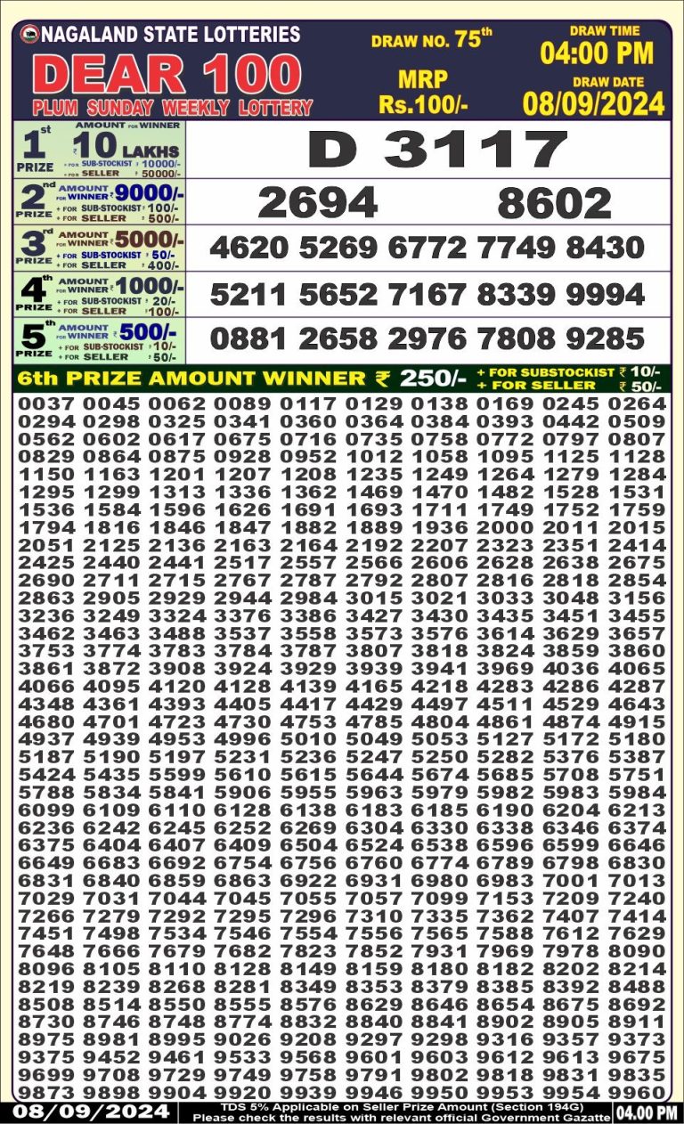 dear 100 weekly lottery result 4pm