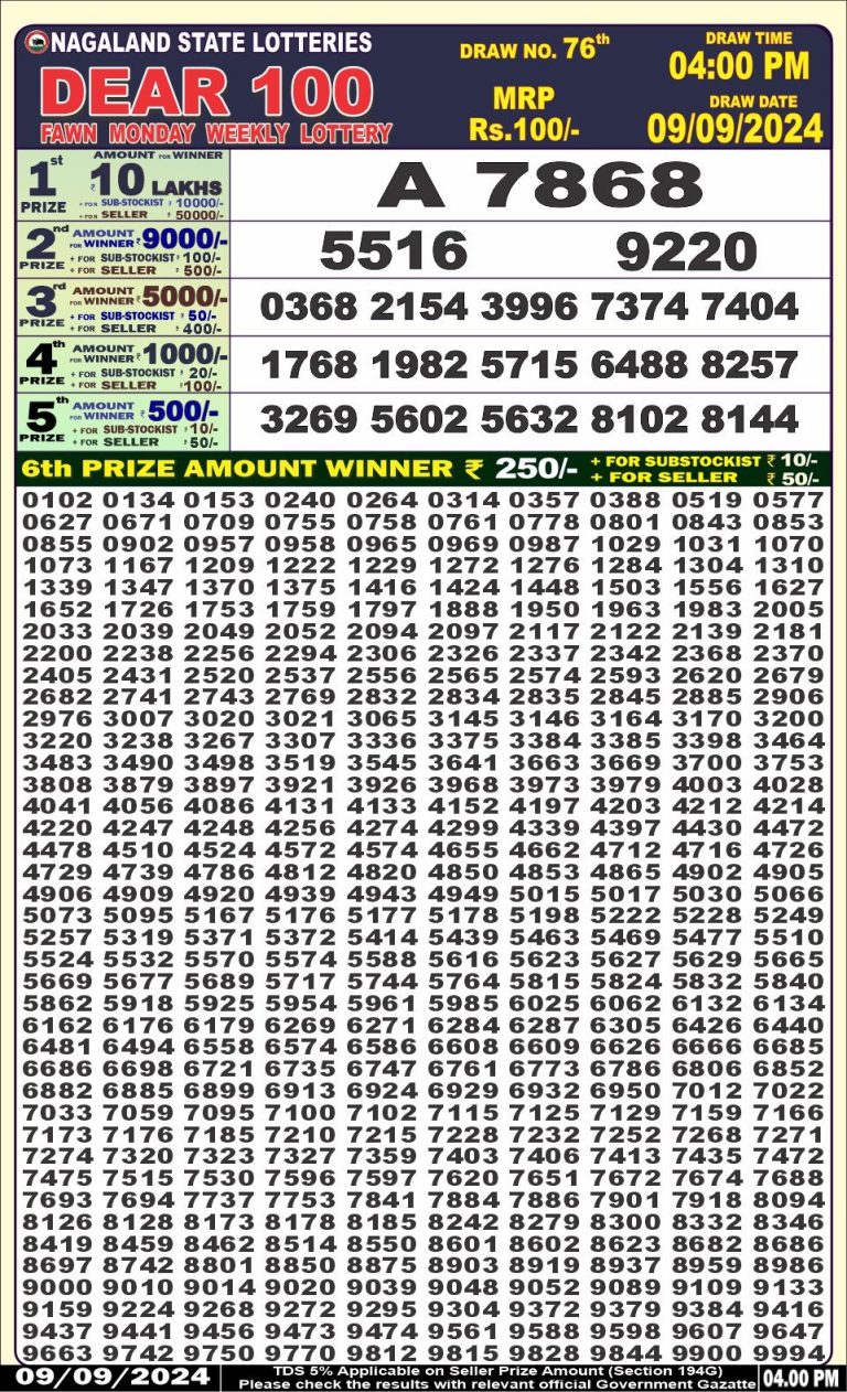 dear 100 weekly lottery result 4pm