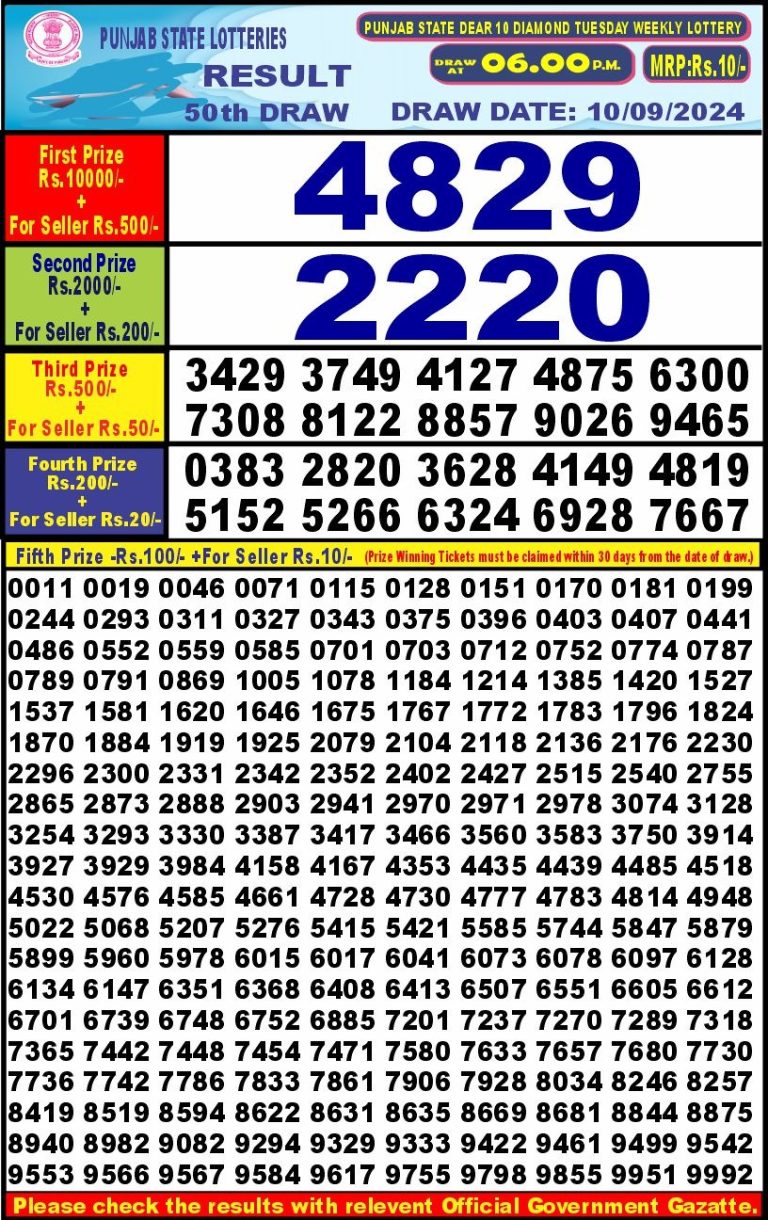 punjab state dear 10 weekly lottery result 6pm