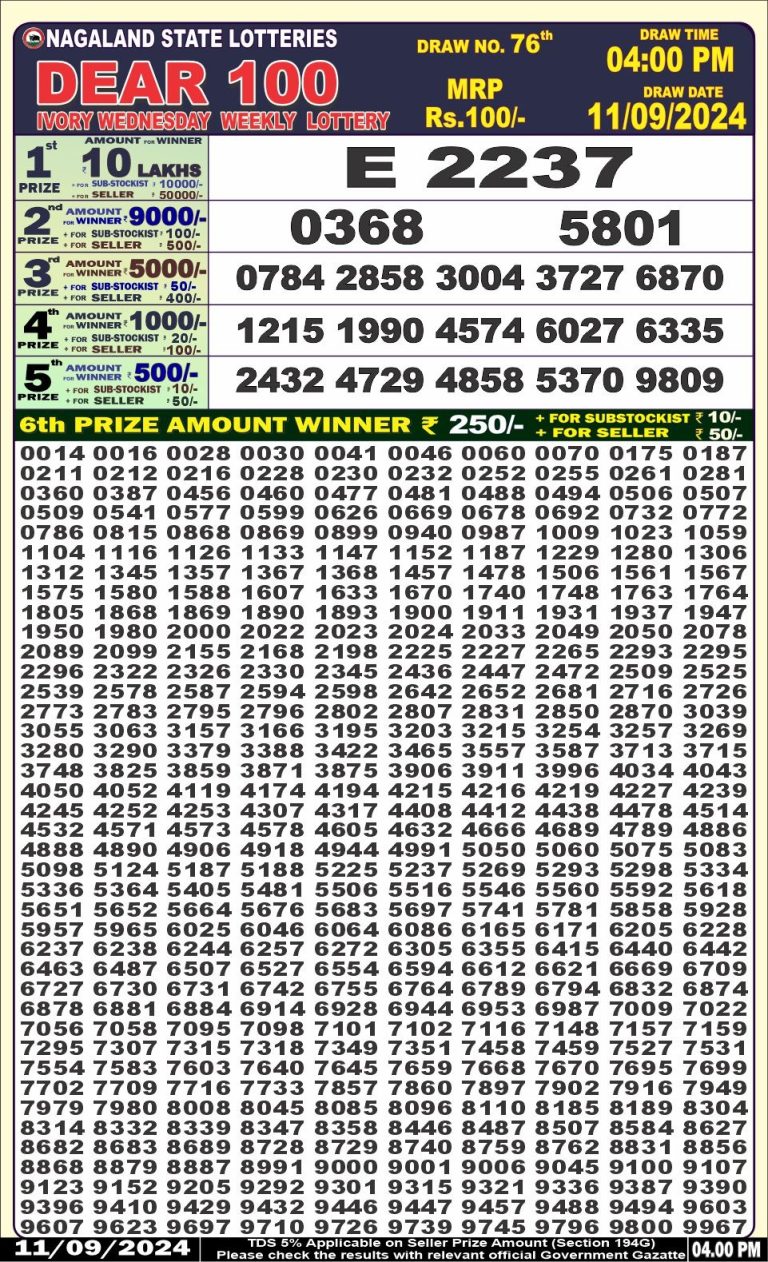 dear 100 weekly lottery result 4pm