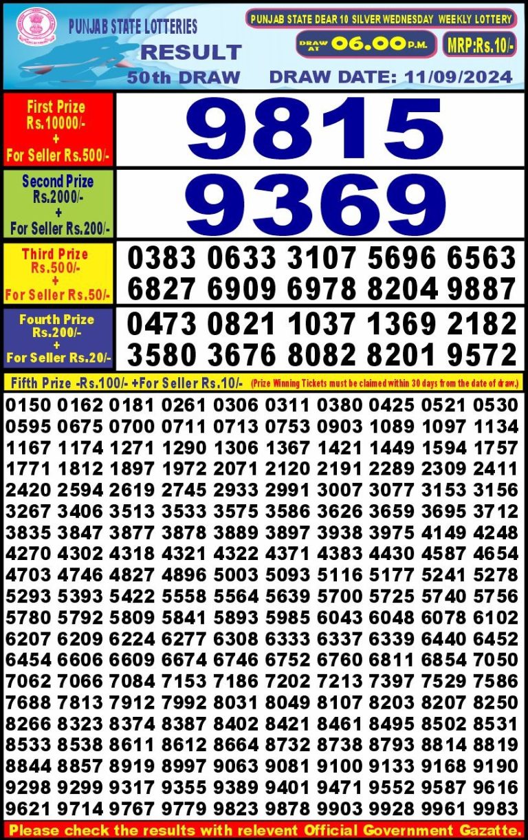 punjab state dear 10 weekly lottery result 6pm