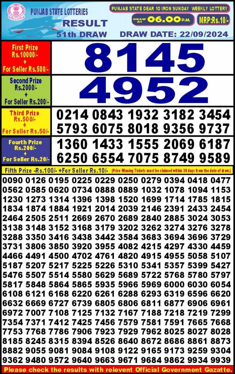 punjab state dear 10 weekly lottery result 6pm