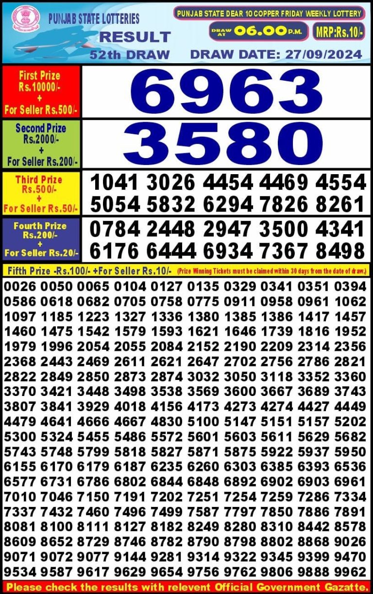 punjab state dear 10 weekly lottery result 6pm