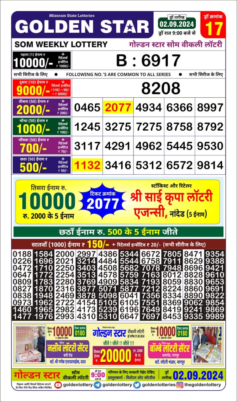 golden Star weekly lottery result 9pm