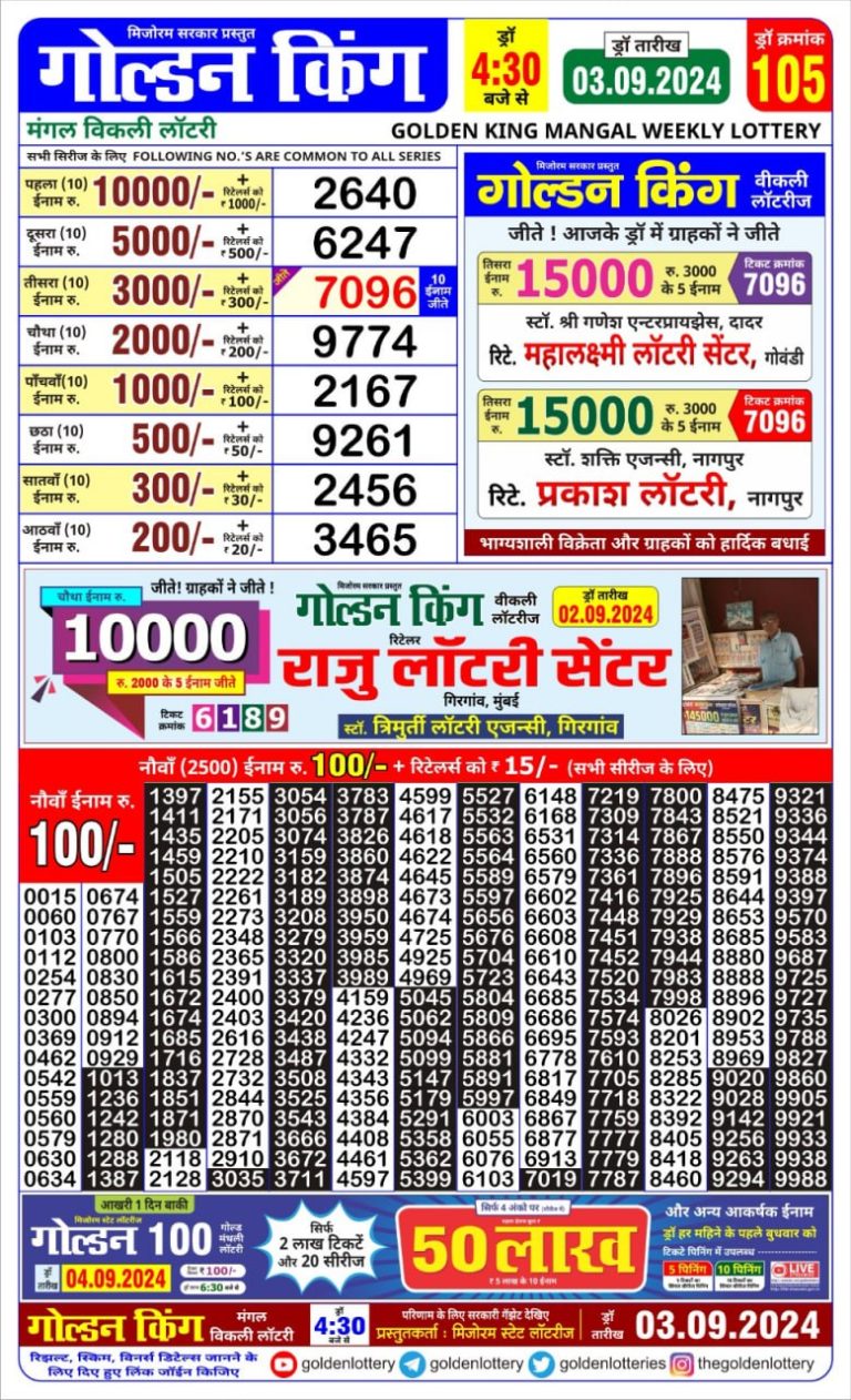 golden king weekly lottery result 4:30pm