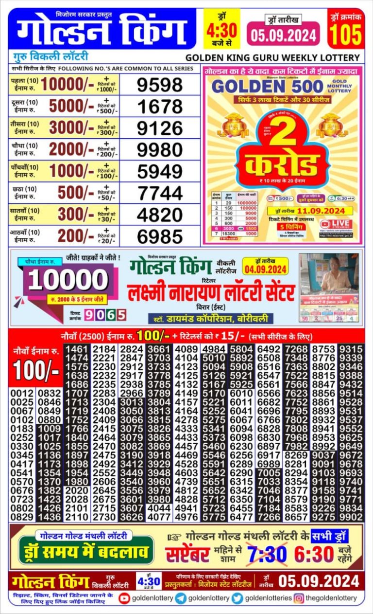 golden king weekly lottery result 4:30pm