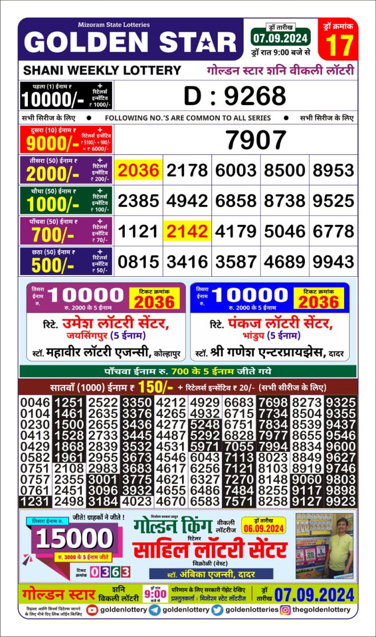 golden Star weekly lottery result 9pm