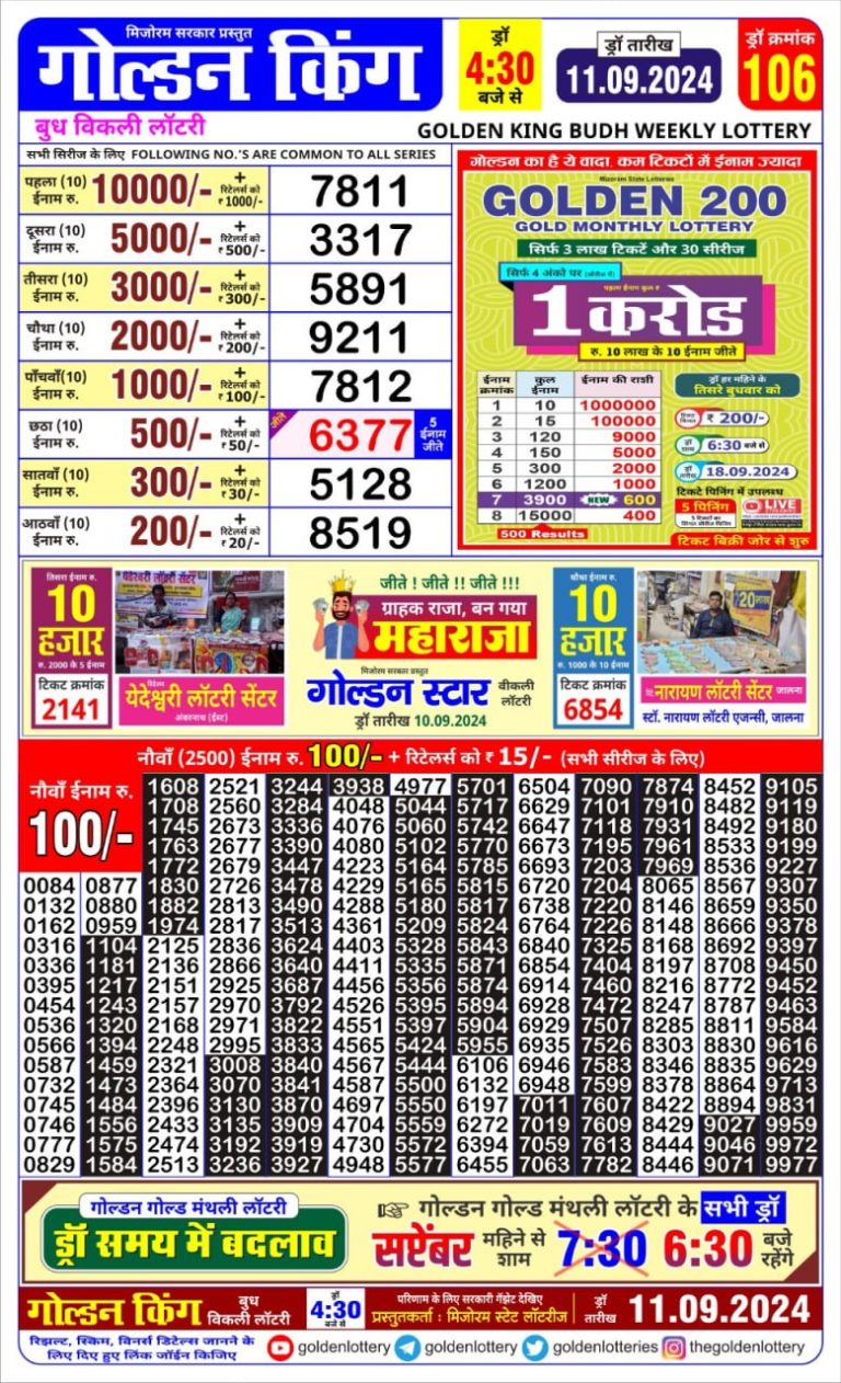 golden king weekly lottery result 4:30pm