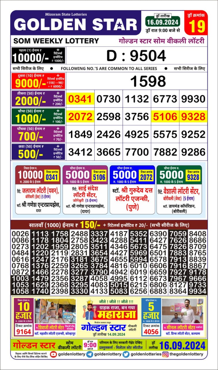 golden Star weekly lottery result 9pm