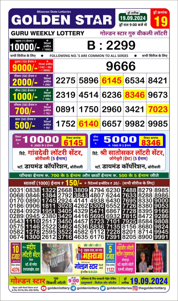 golden Star weekly lottery result 9pm