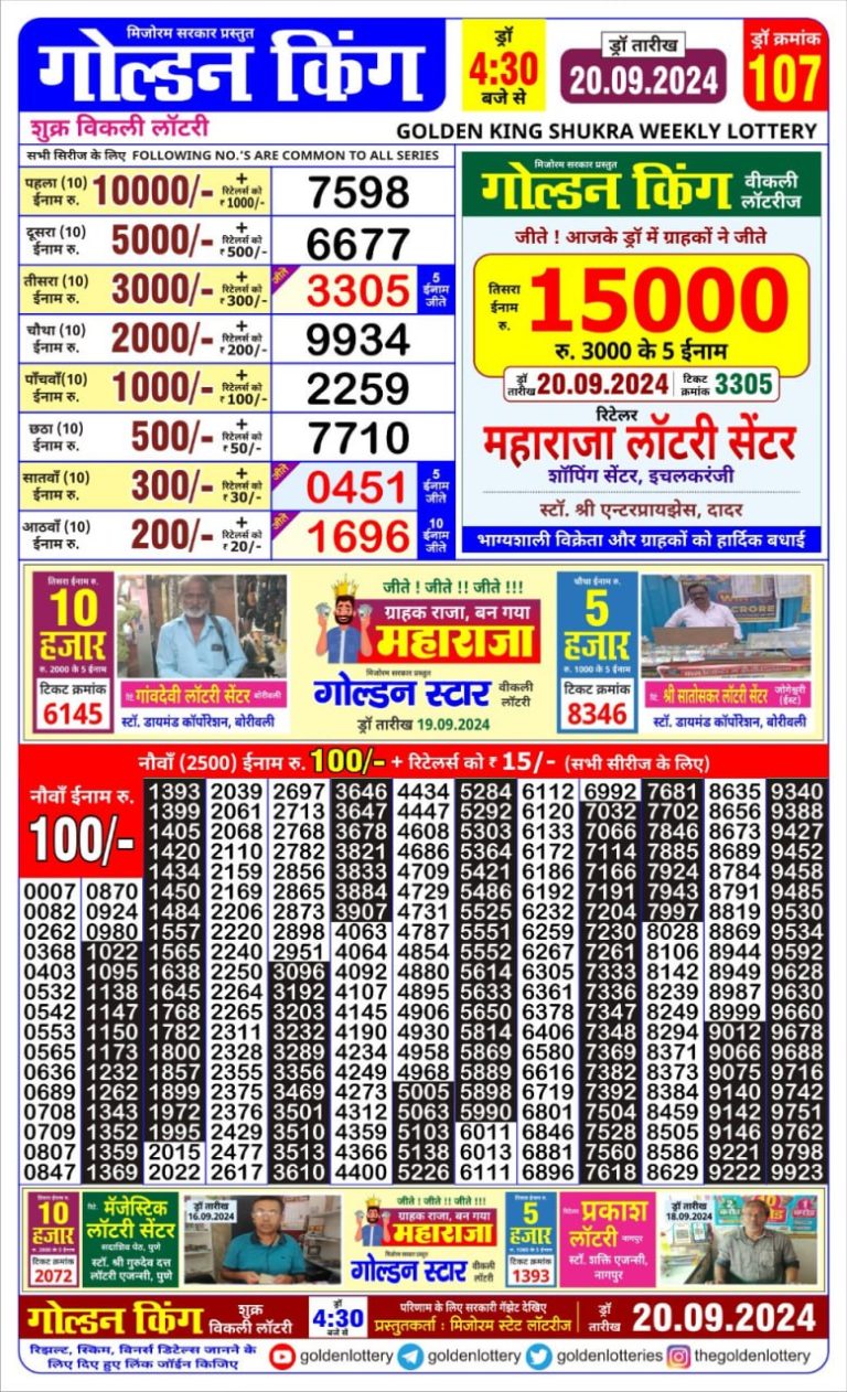 golden king weekly lottery result 4:30pm