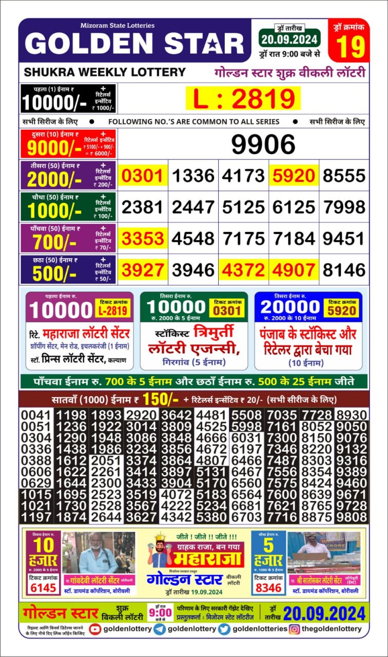 golden Star weekly lottery result 9pm