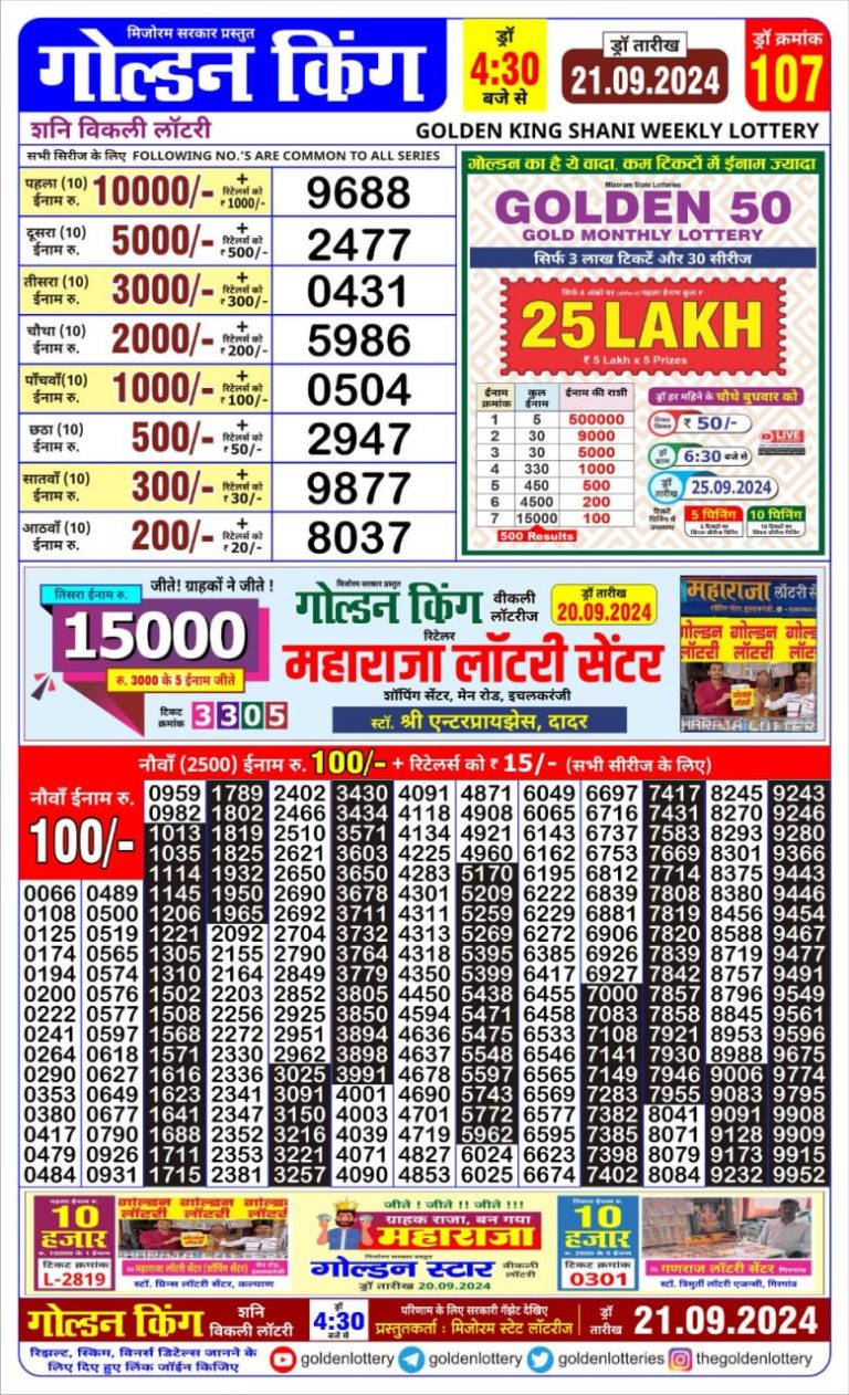 golden king weekly lottery result 4:30pm