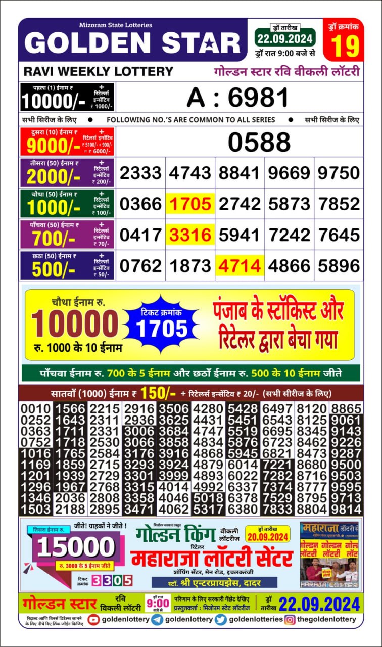 golden Star weekly lottery result 9pm