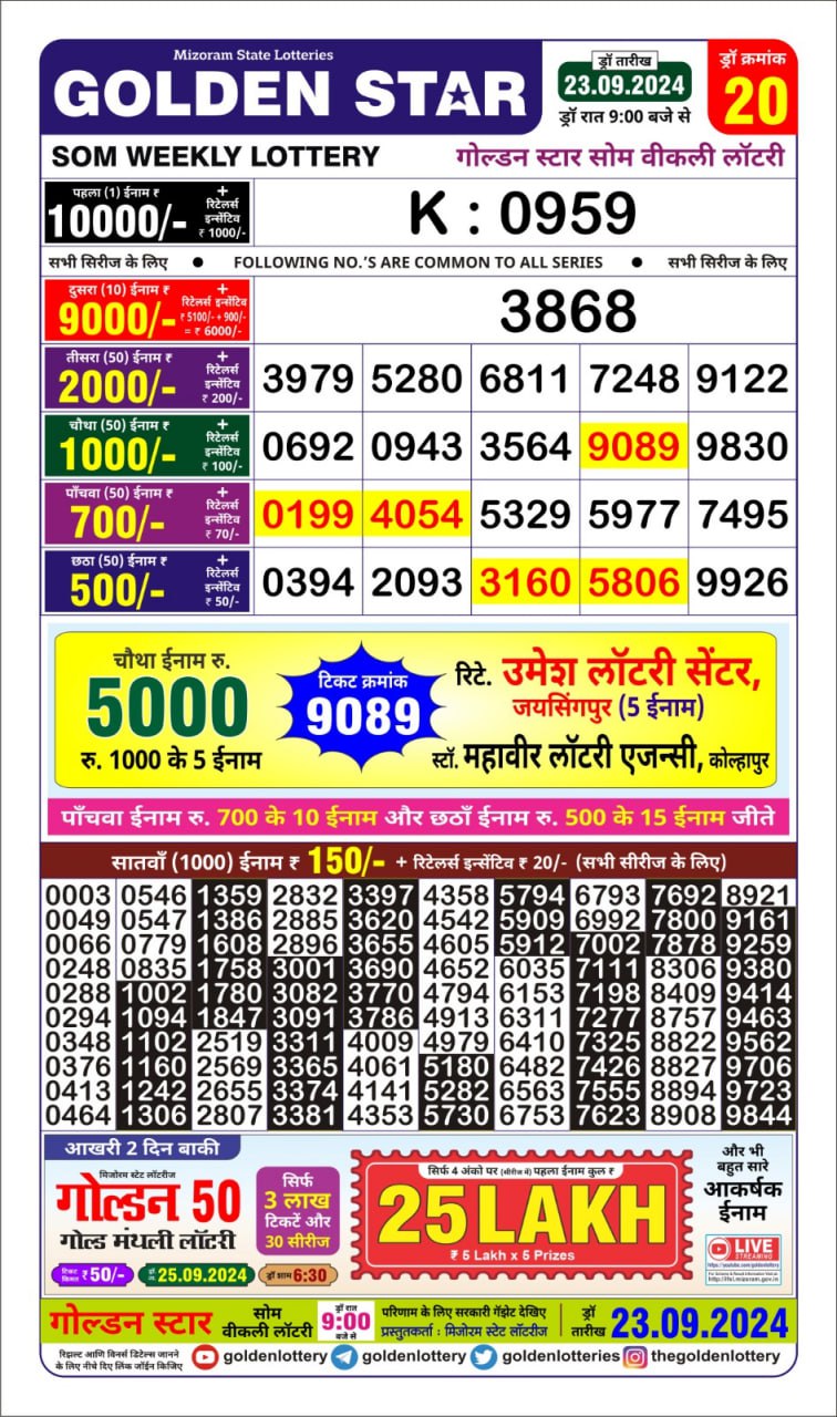 golden Star weekly lottery result 9pm