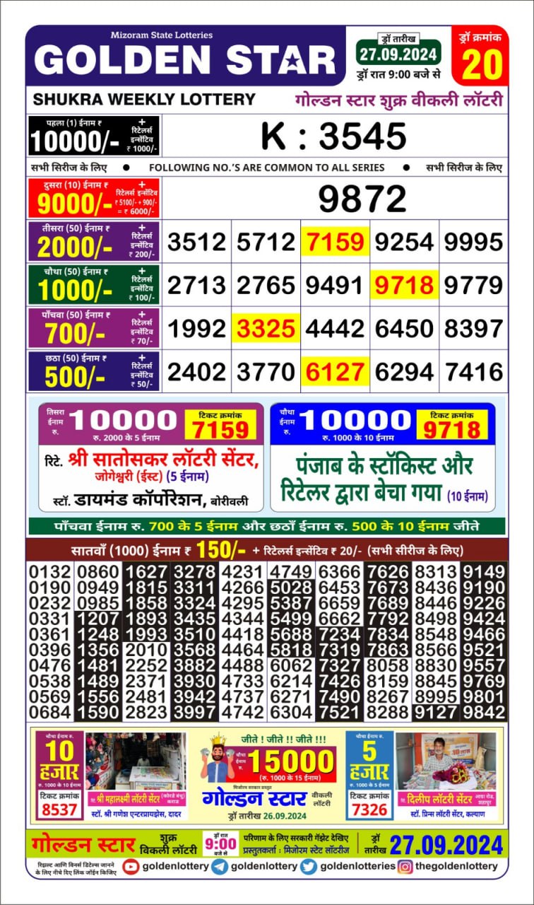 golden star weekly lottery result 9pm