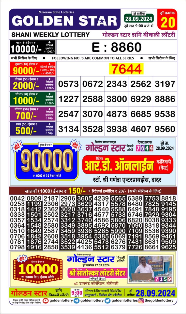 golden Star weekly lottery result 9pm