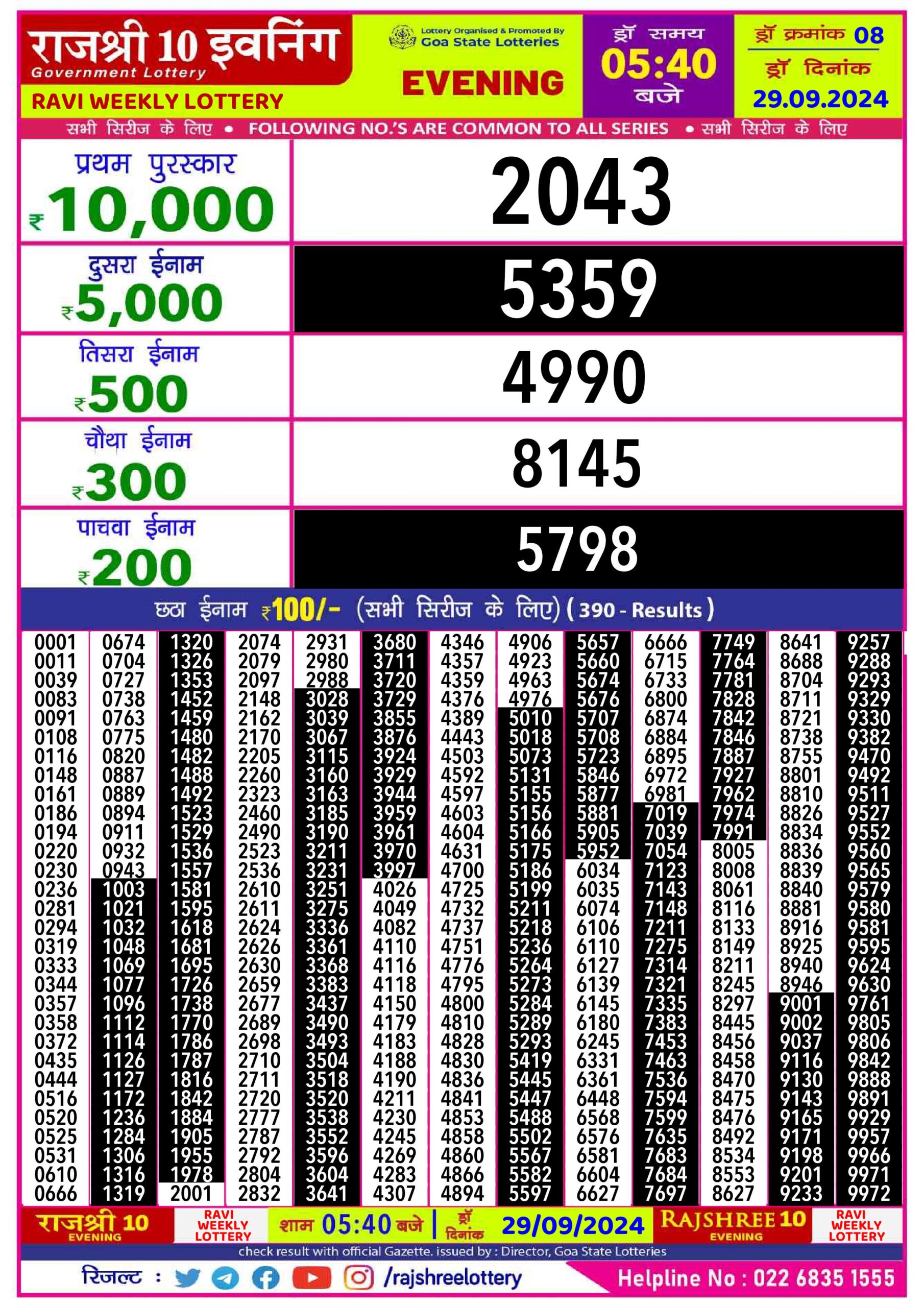 rajshree 10 evening weekly lottery result 5:40pm