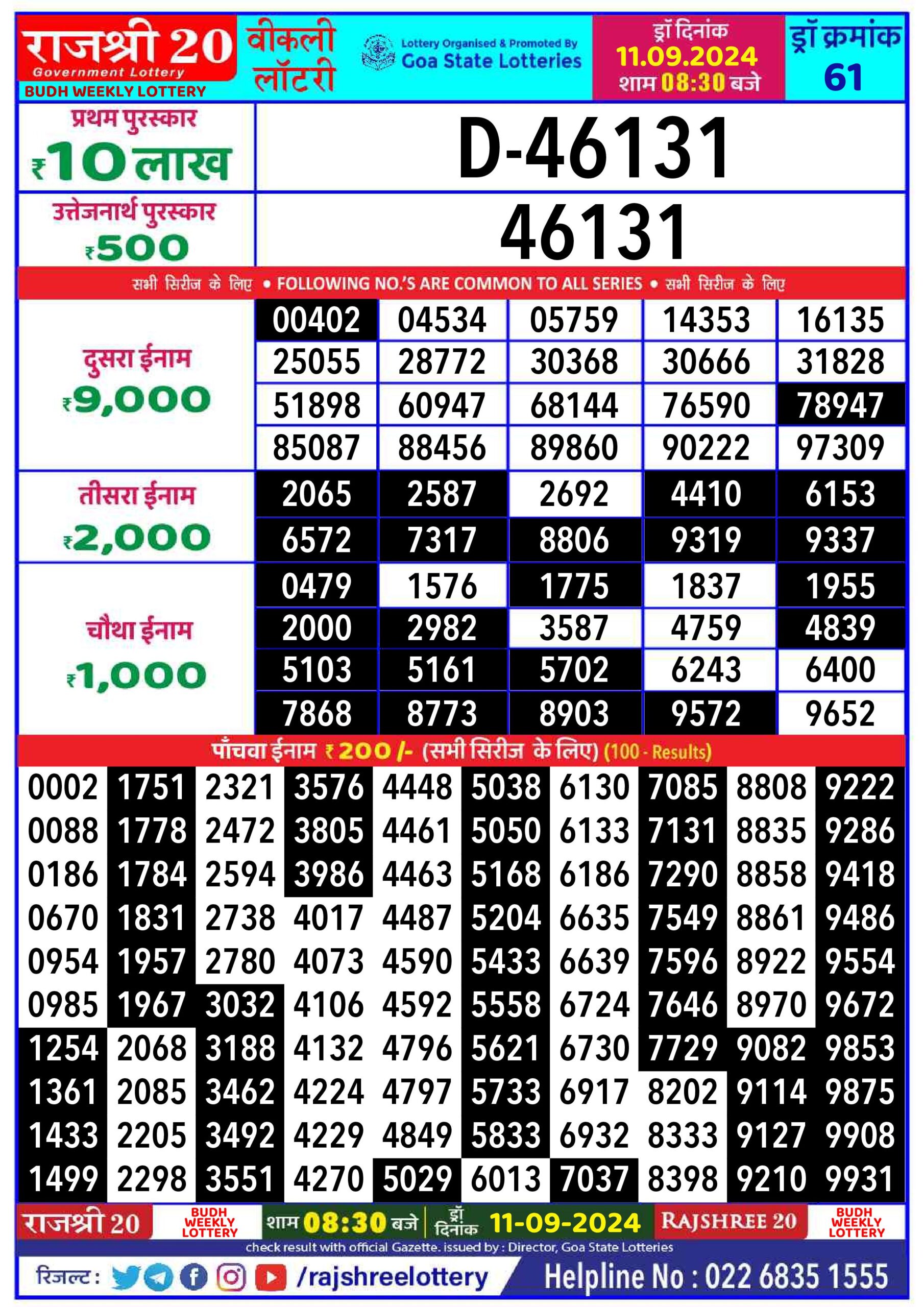 rajshree 20 lottery result 8:30pm