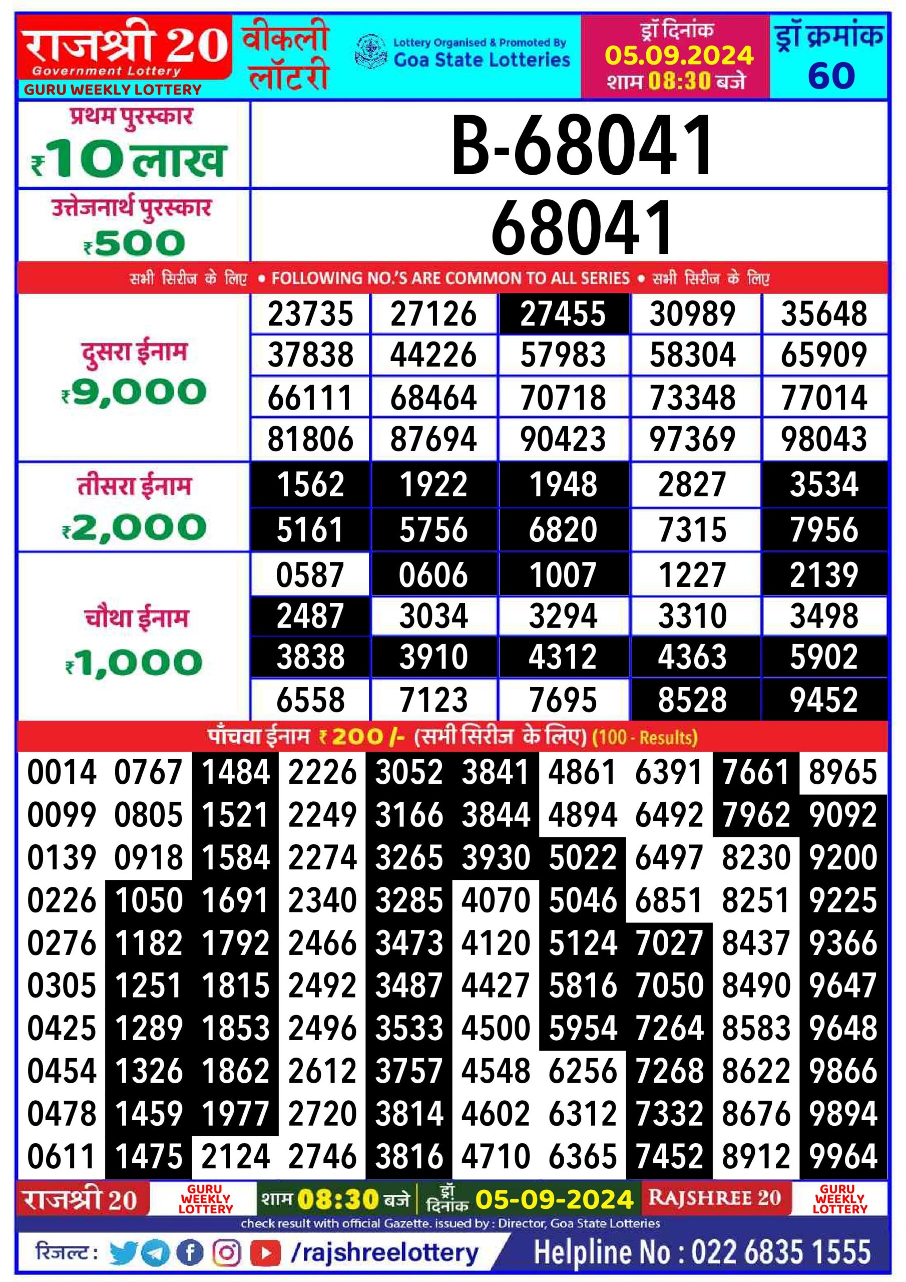 rajshree 20 lottery result 8:30pm