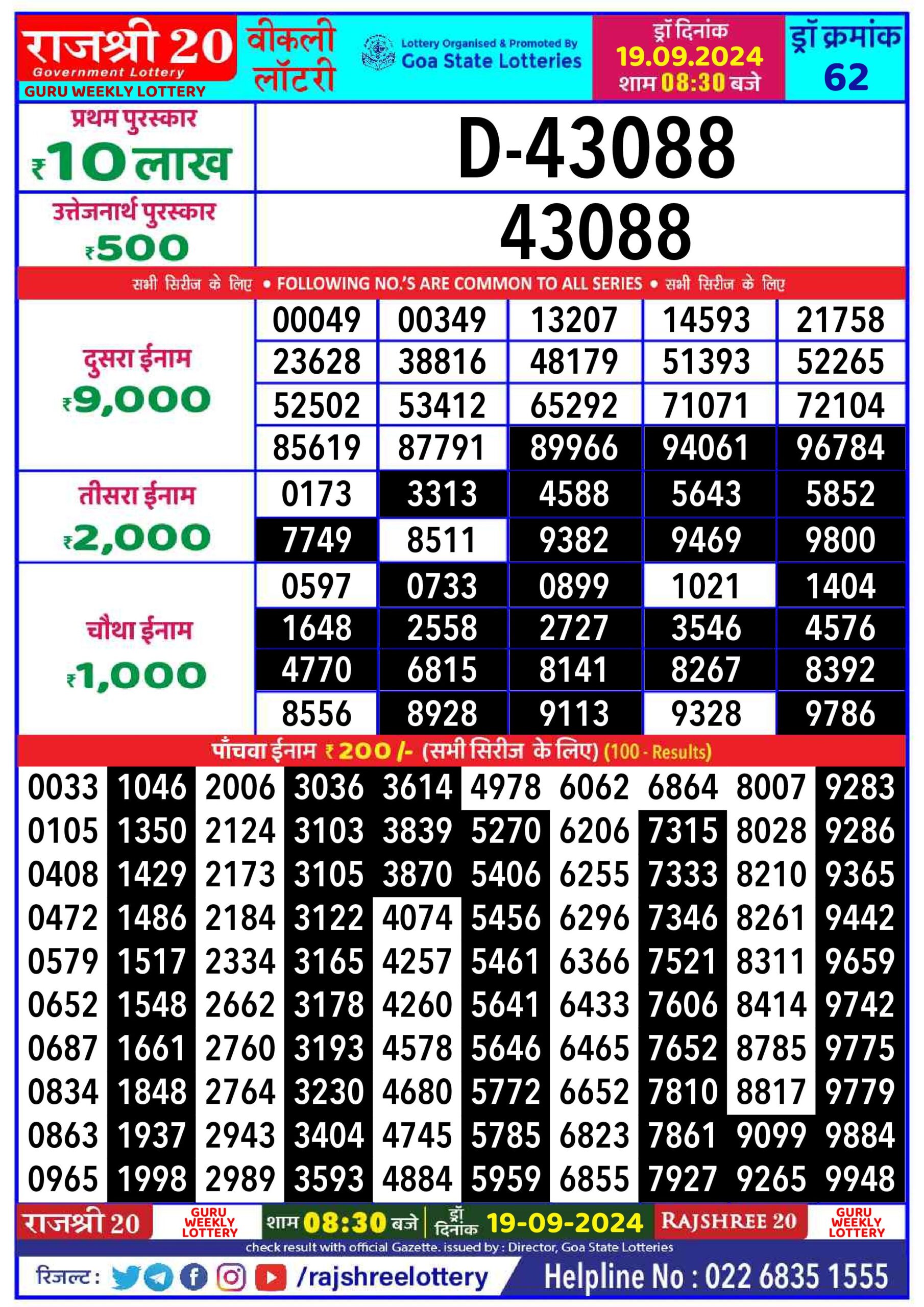 rajshree 20 lottery result 8:30pm