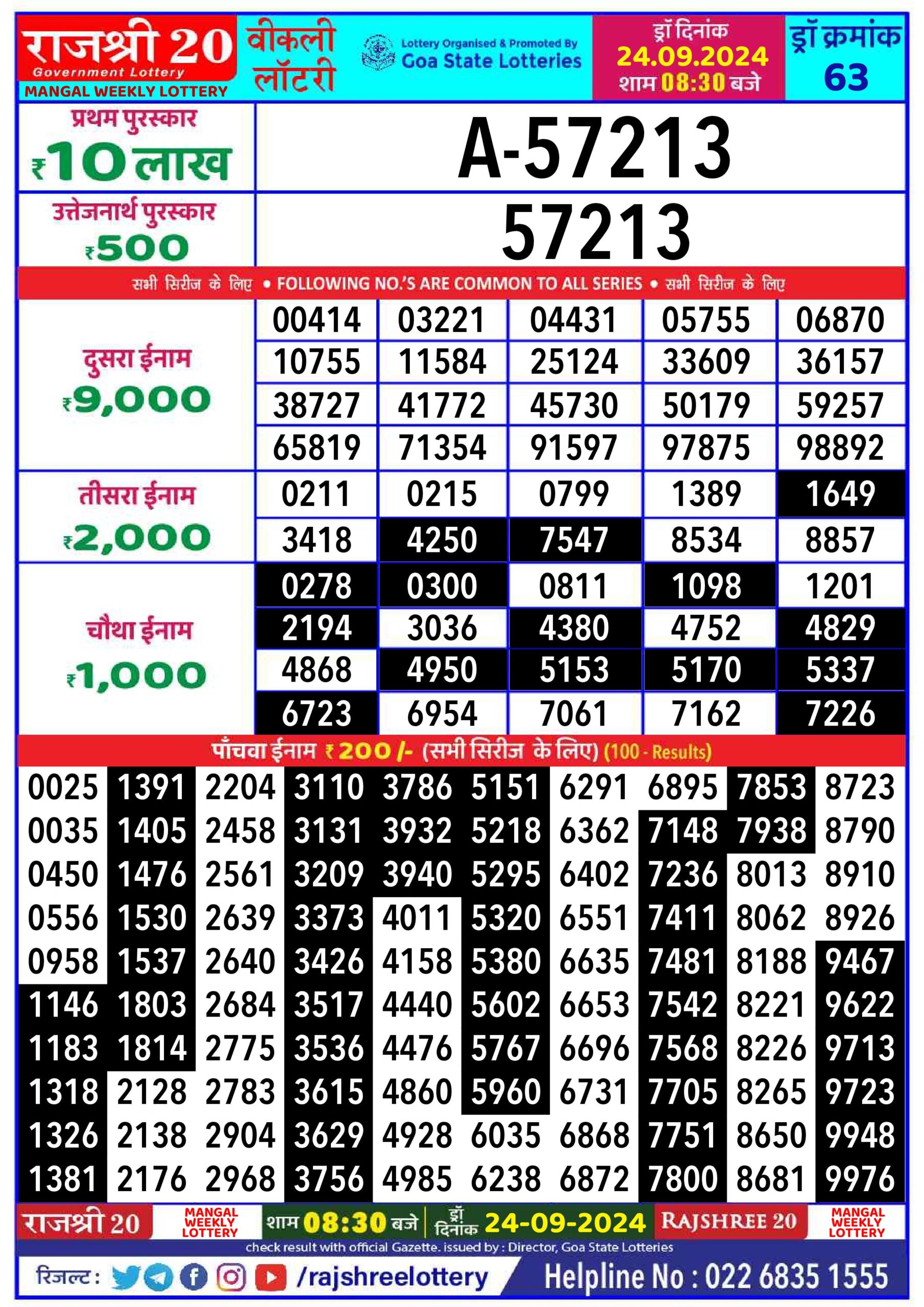 rajshree 20 lottery result 8:30pm